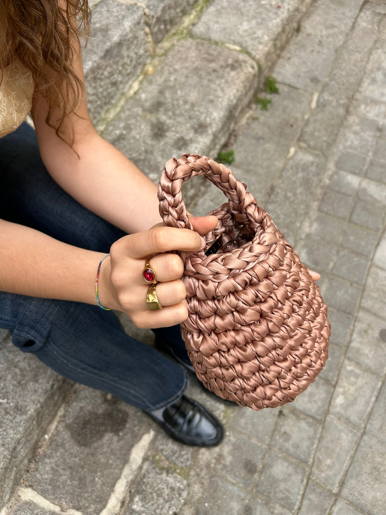 Bolso de Mano Kabosio Perla Crochet Avellana