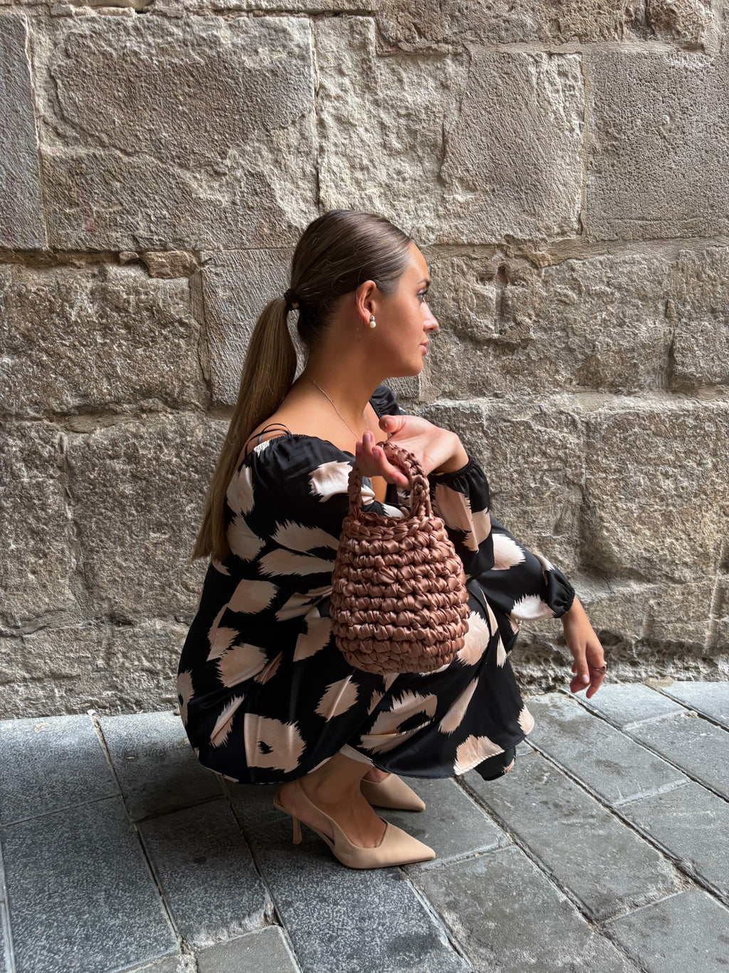 Bolso de Mano Kabosio Perla Crochet Avellana