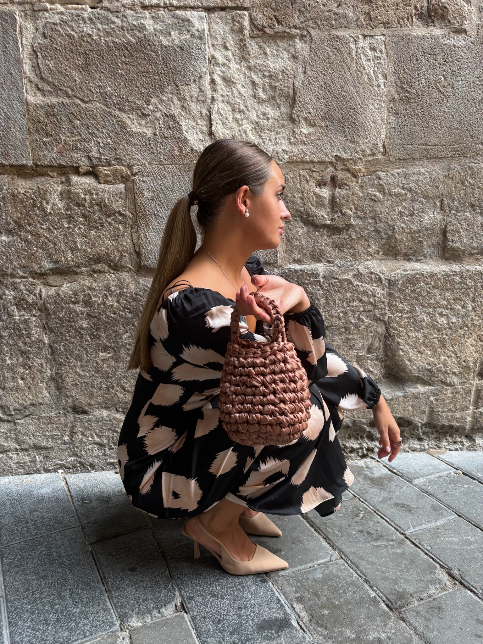 Bolso de Mano Kabosio Perla Crochet Avellana