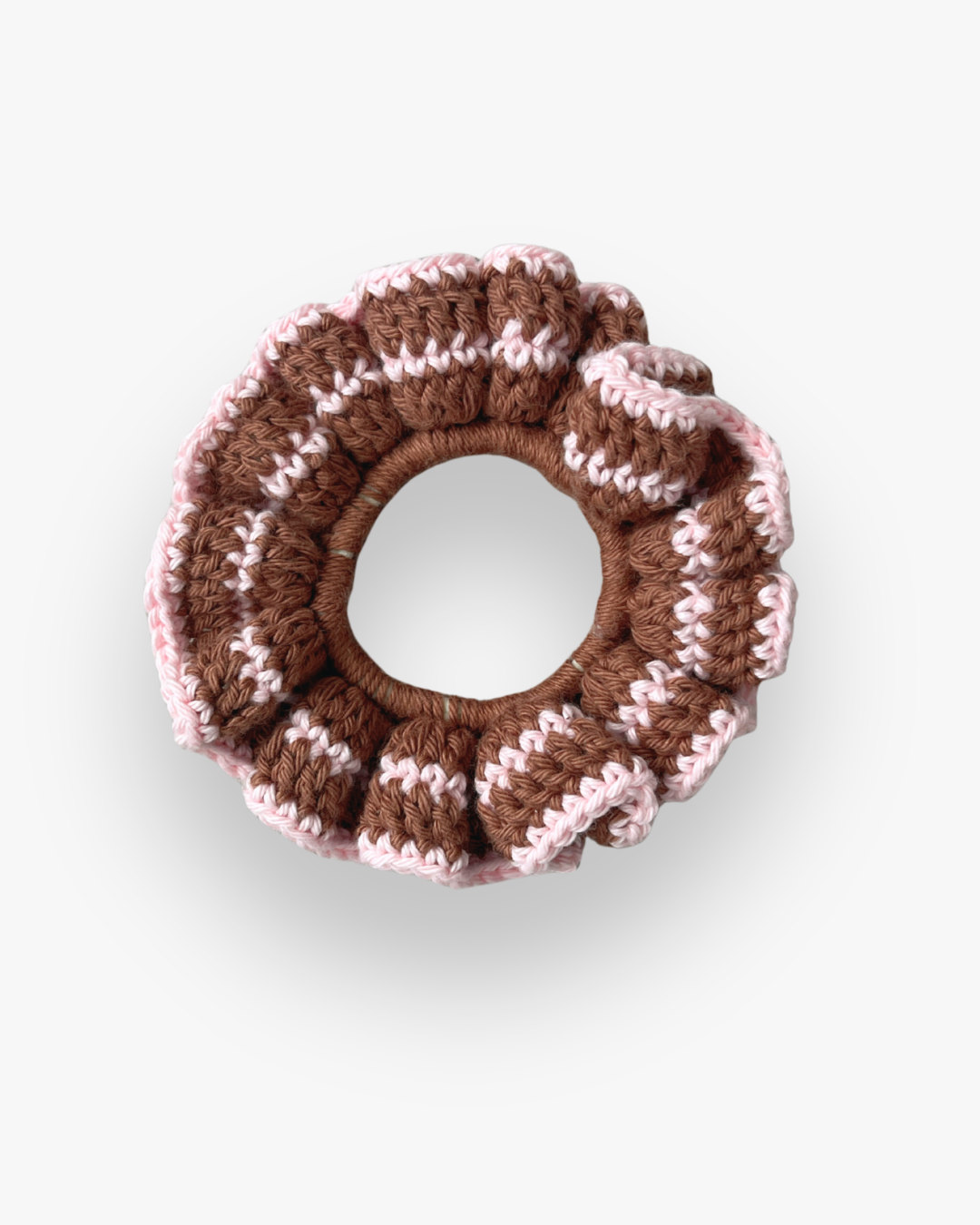 Coletero Scrunchie de Crochet Marrón-Rosa